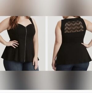 Torrid Peplum Zipper Lace Back Top- Black